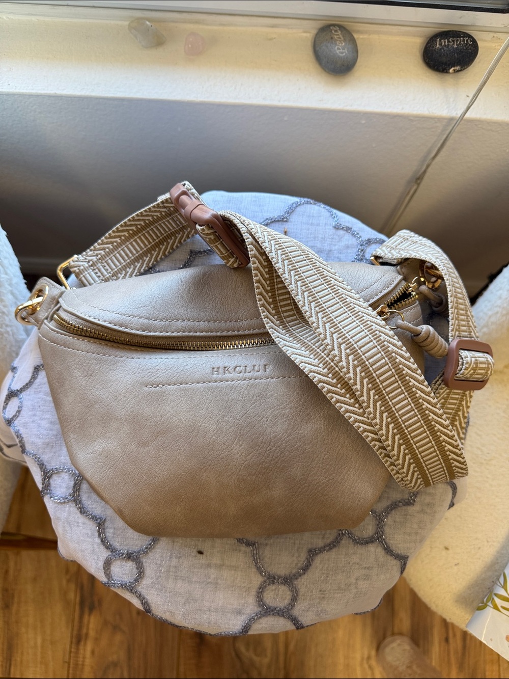 Beige Crossbody Belt Bag with Patterned Strap